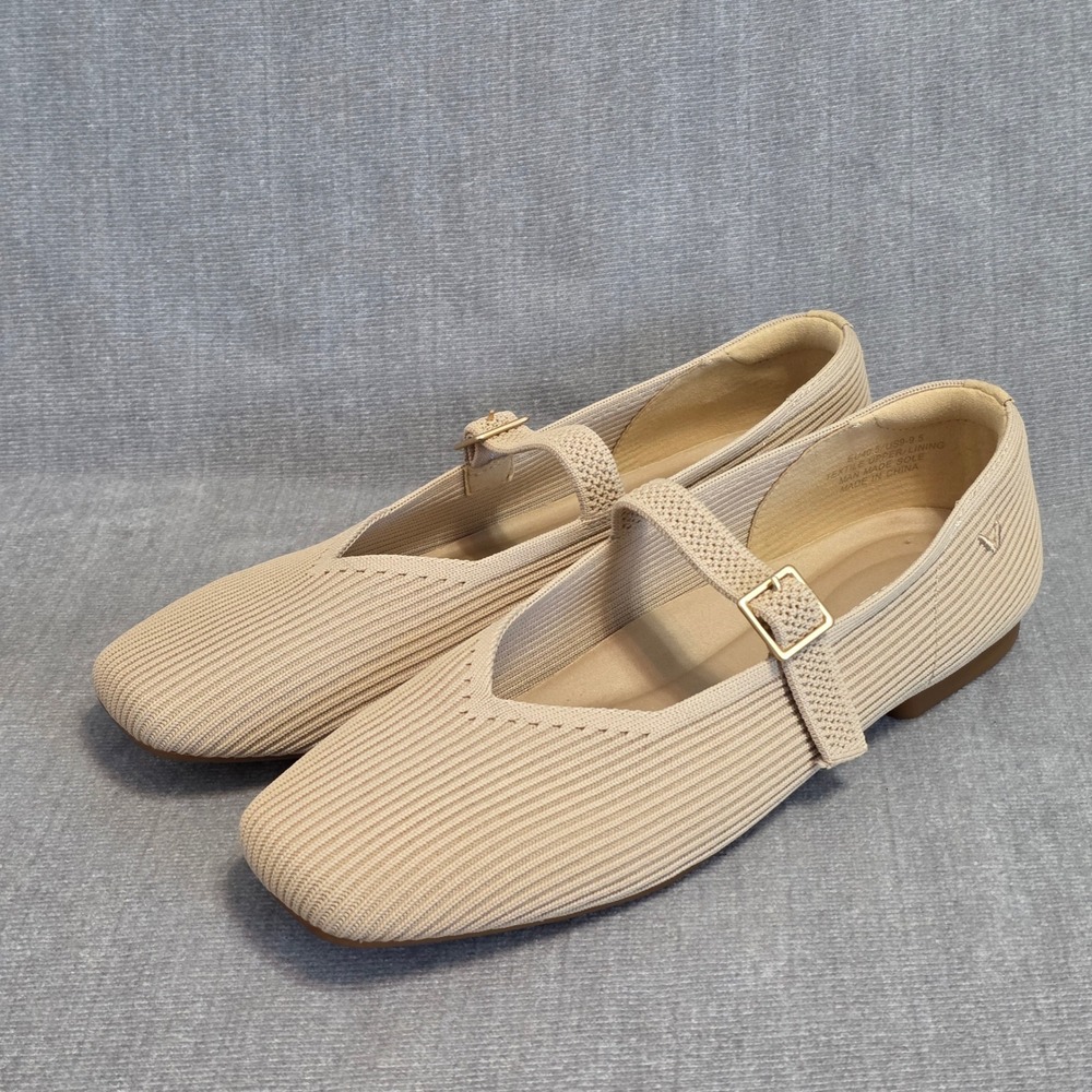 Vivaia Margot Square Toe Mary Jane Flats Women 9-9.5 Almond Beige Ribbed Knit